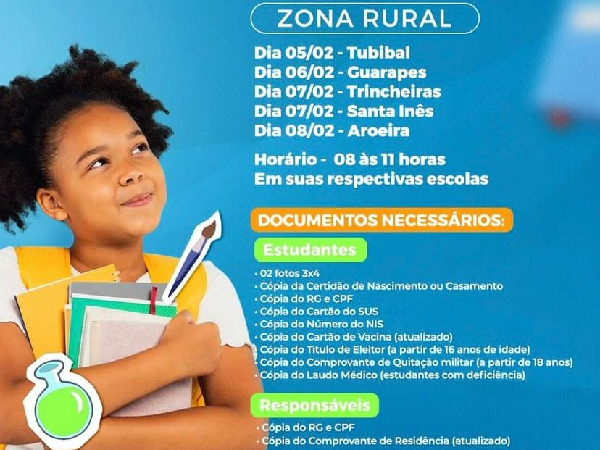 #Matrículas2024 Próxima semana iremos dar início às matrículas das escolas da Zona Rural do nosso município.
